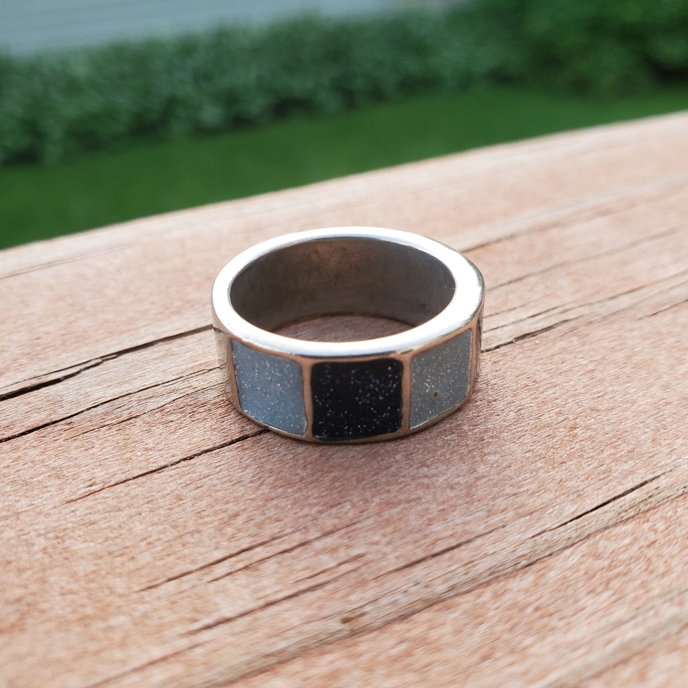 Handmade Enamal & Sterling Silver Ring- Midnight/Aqua (Size 6 1/2) - Picture 2 of 6